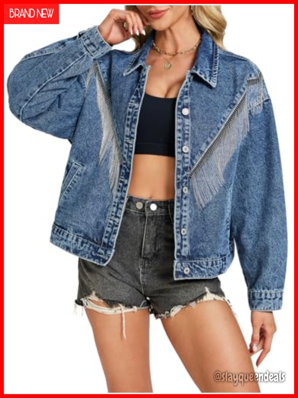Fringe Denim Jacket Button Front Cowgirl Tassel Coat Pockets